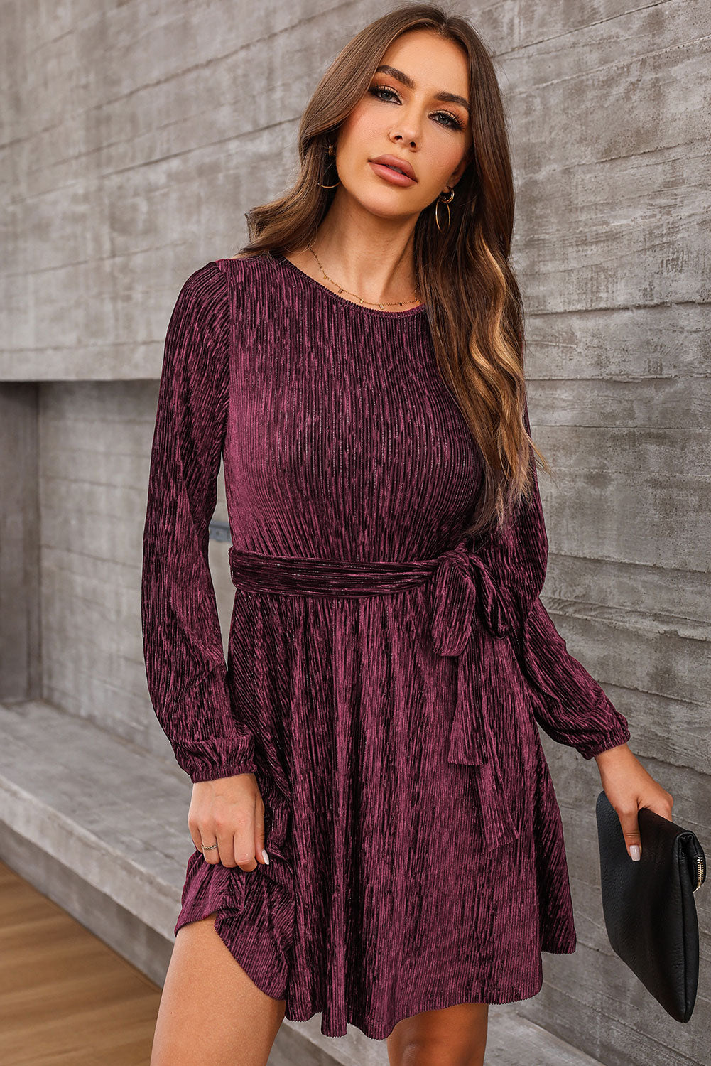 Round Neck Tie Front Long Sleeve Dress-Angel Casuals