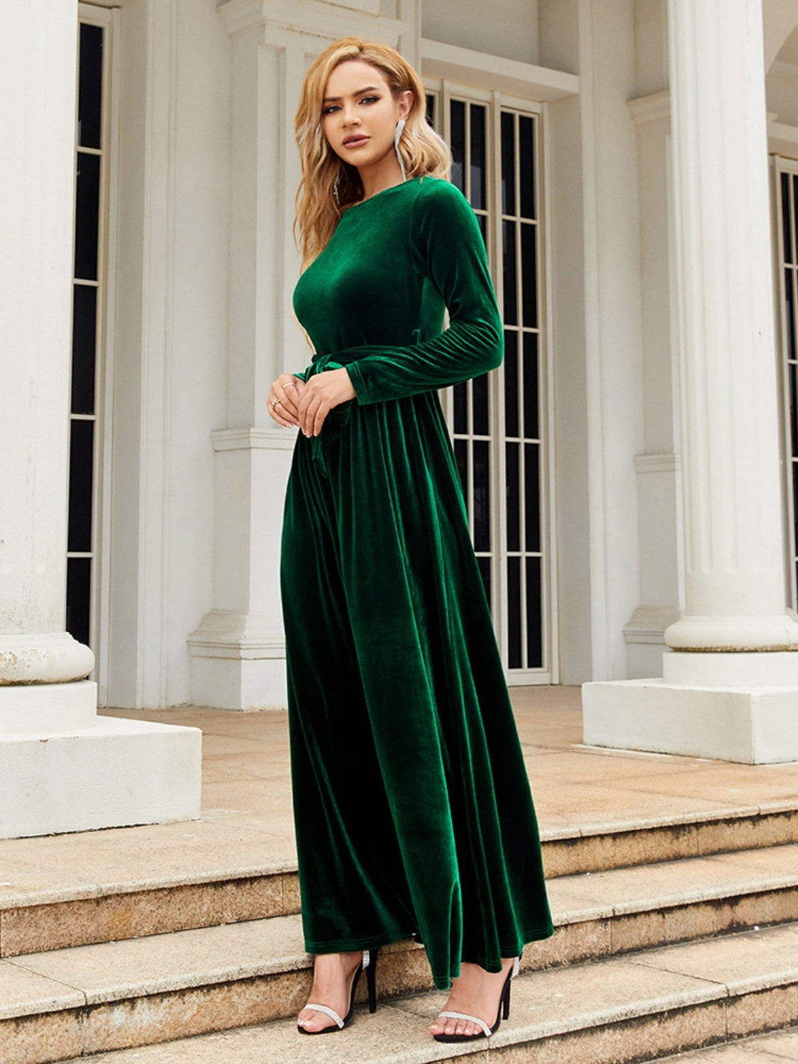 Tie Front Round Neck Long Sleeve Maxi Dress-Angel Casuals