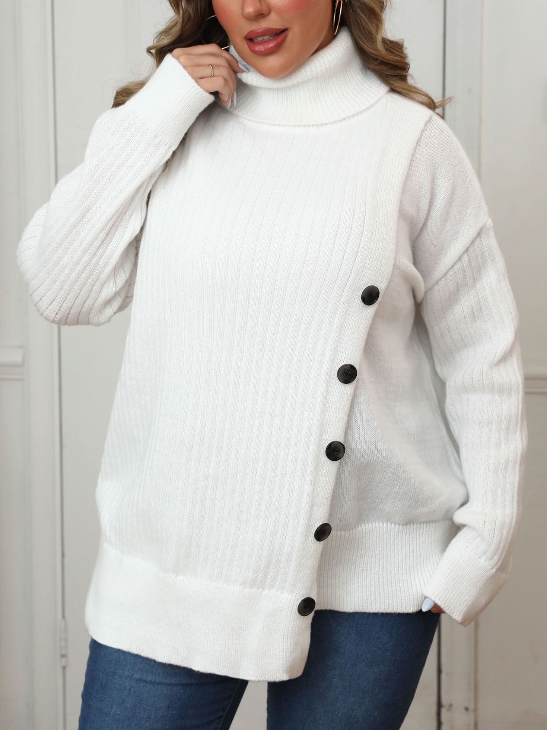 Plus Size Turtleneck Long Sleeve Sweater-Angel Casuals