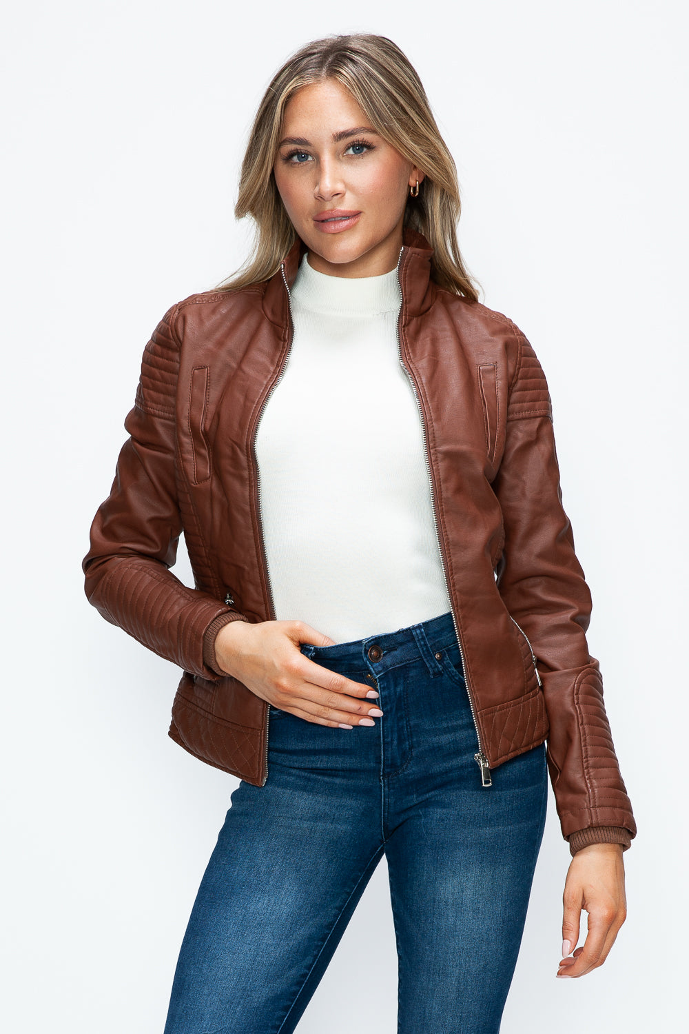 YMI Faux Layered Double-Zipper Jacket with Fuzzy Hood-Angel Casuals