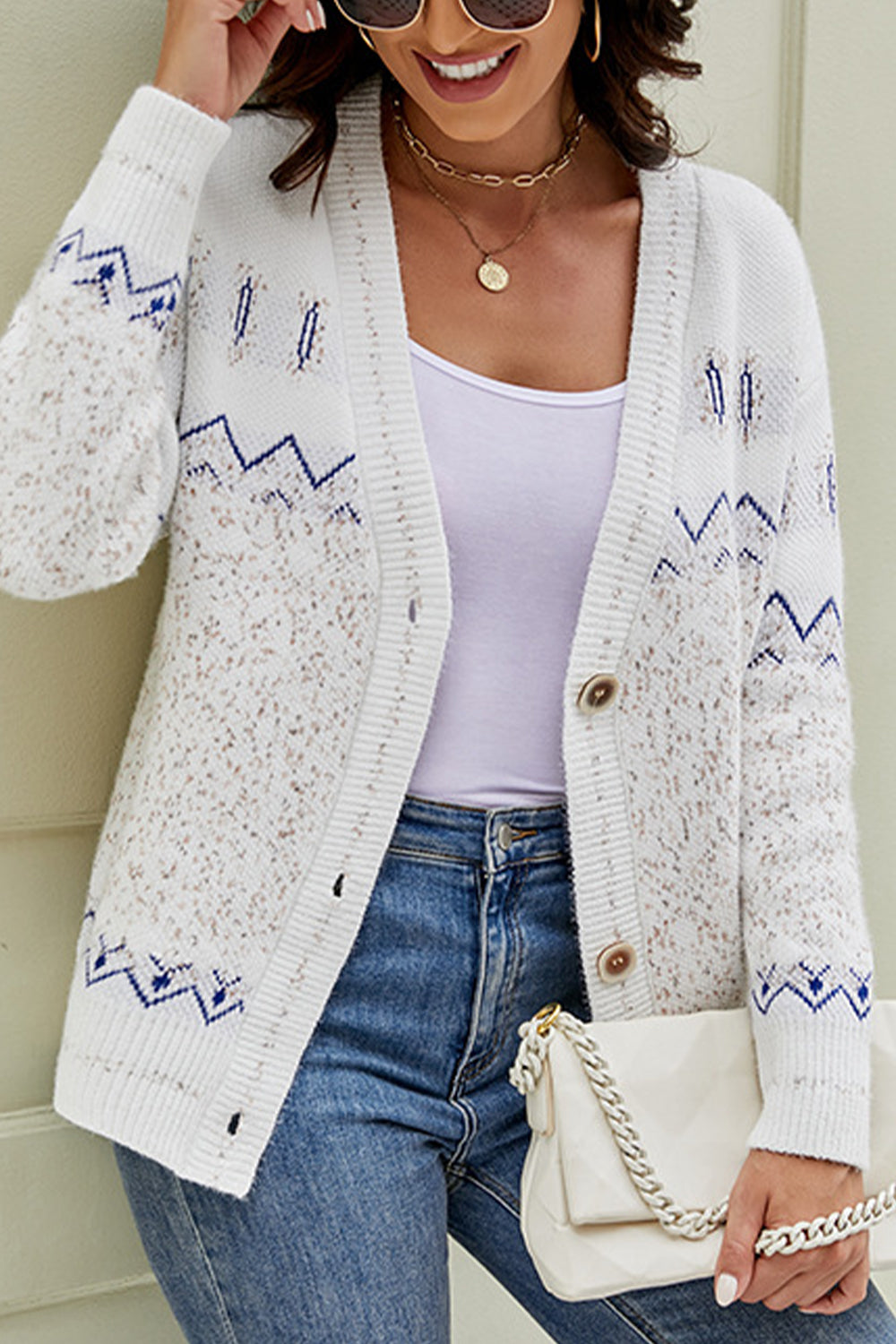 Printed V-Neck Buttoned Cardigan-Angel Casuals