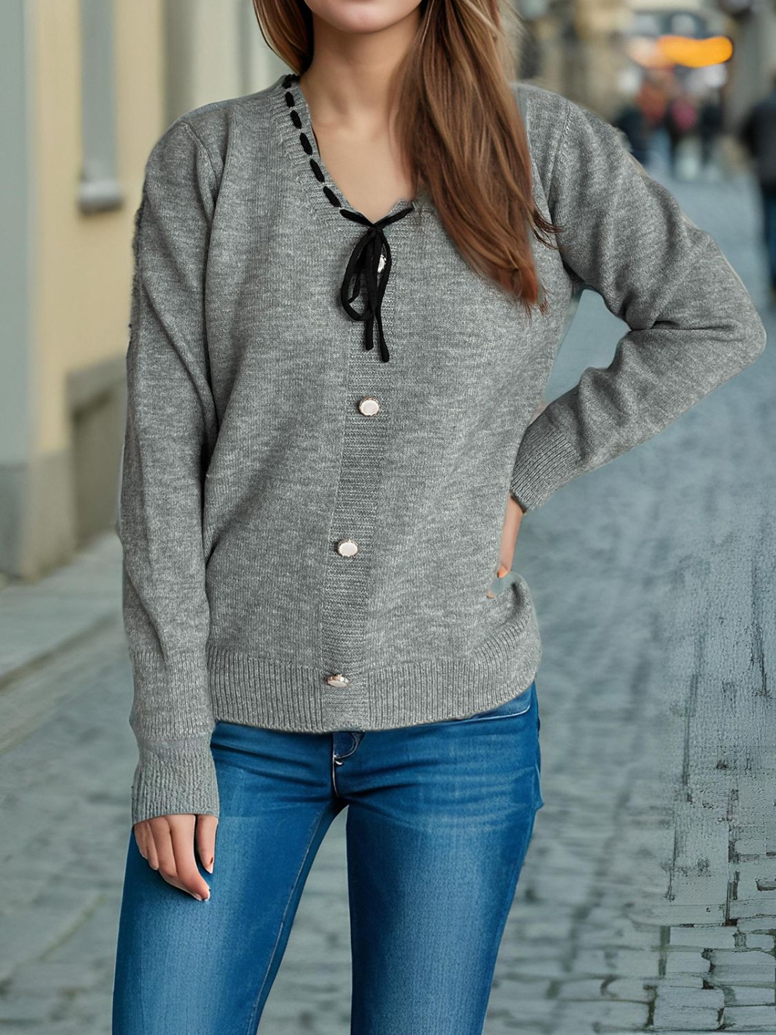 Tied V-Neck Long Sleeve Sweater-Angel Casuals