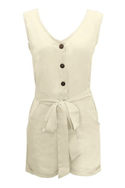 Full Size Tied V-Neck Sleeveless Romper with Pockets-Angel Casuals