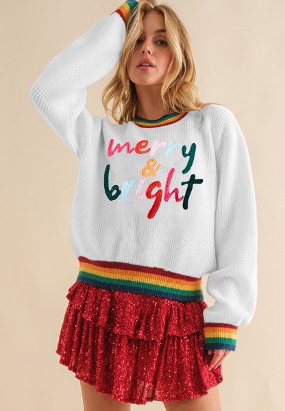 MERRY & BRIGHT Ribbed Round Neck Sweater-Angel Casuals