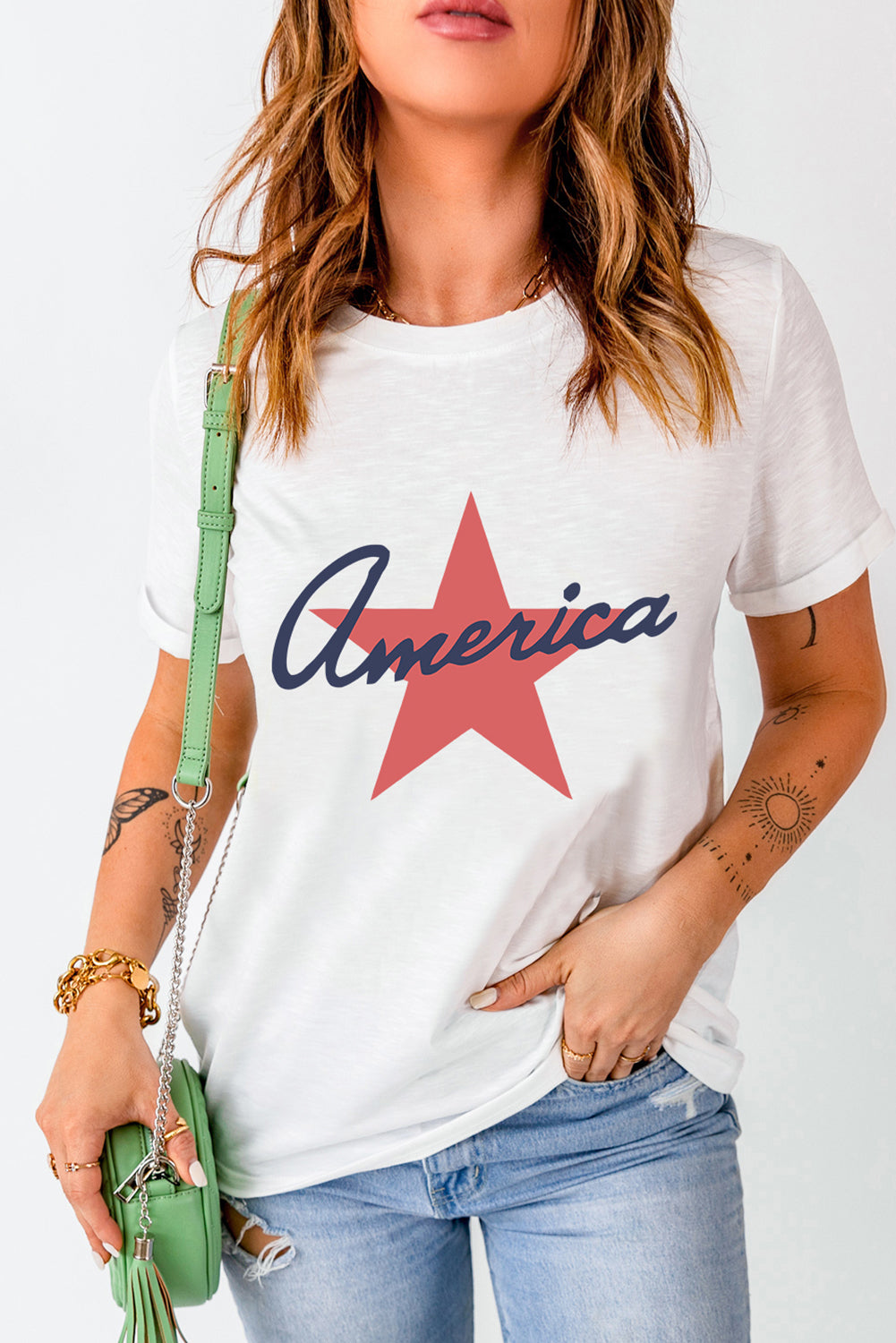 Star Round Neck Short Sleeve T-Shirt-Angel Casuals