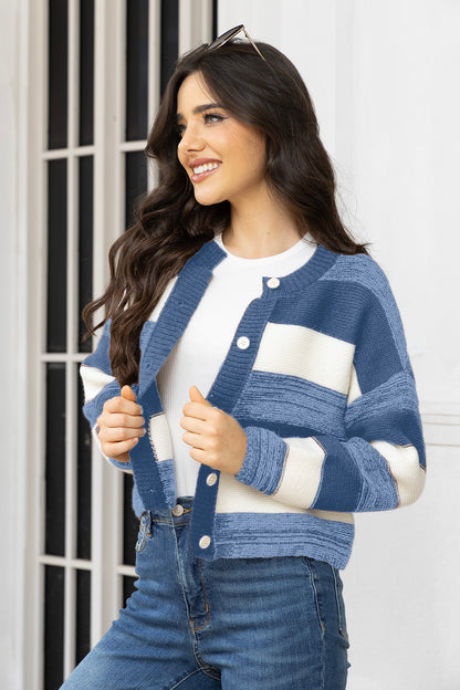 Striped Button Up Long Sleeve Cardigan-Angel Casuals