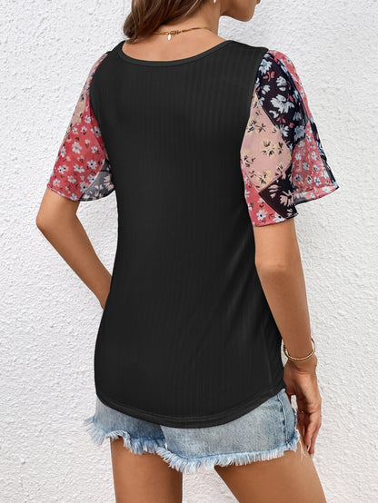 Printed Puff Sleeve Round Neck Tee-Angel Casuals