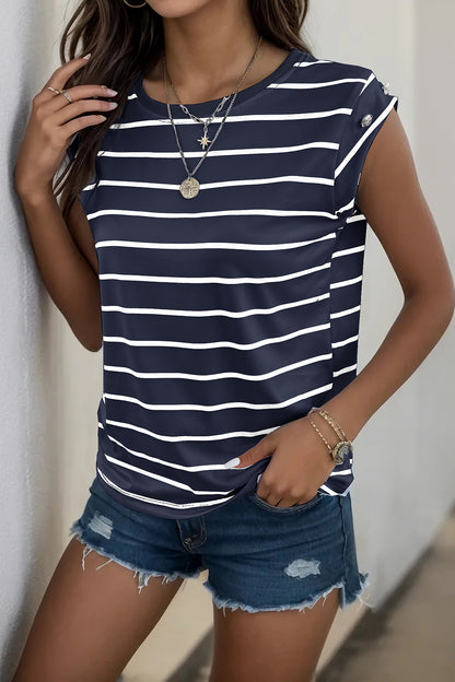 Decorative Button Round Neck T-Shirt-Angel Casuals
