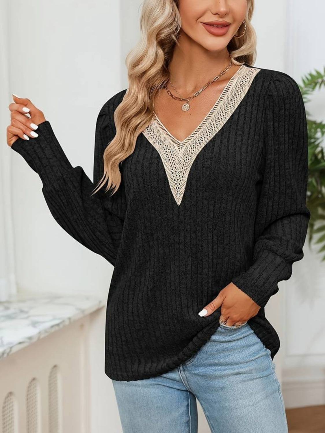 V-Neck Long Sleeve T-Shirt-Angel Casuals
