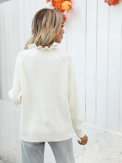 Button Detail Frill Neck Rib-Knit Sweater-Angel Casuals