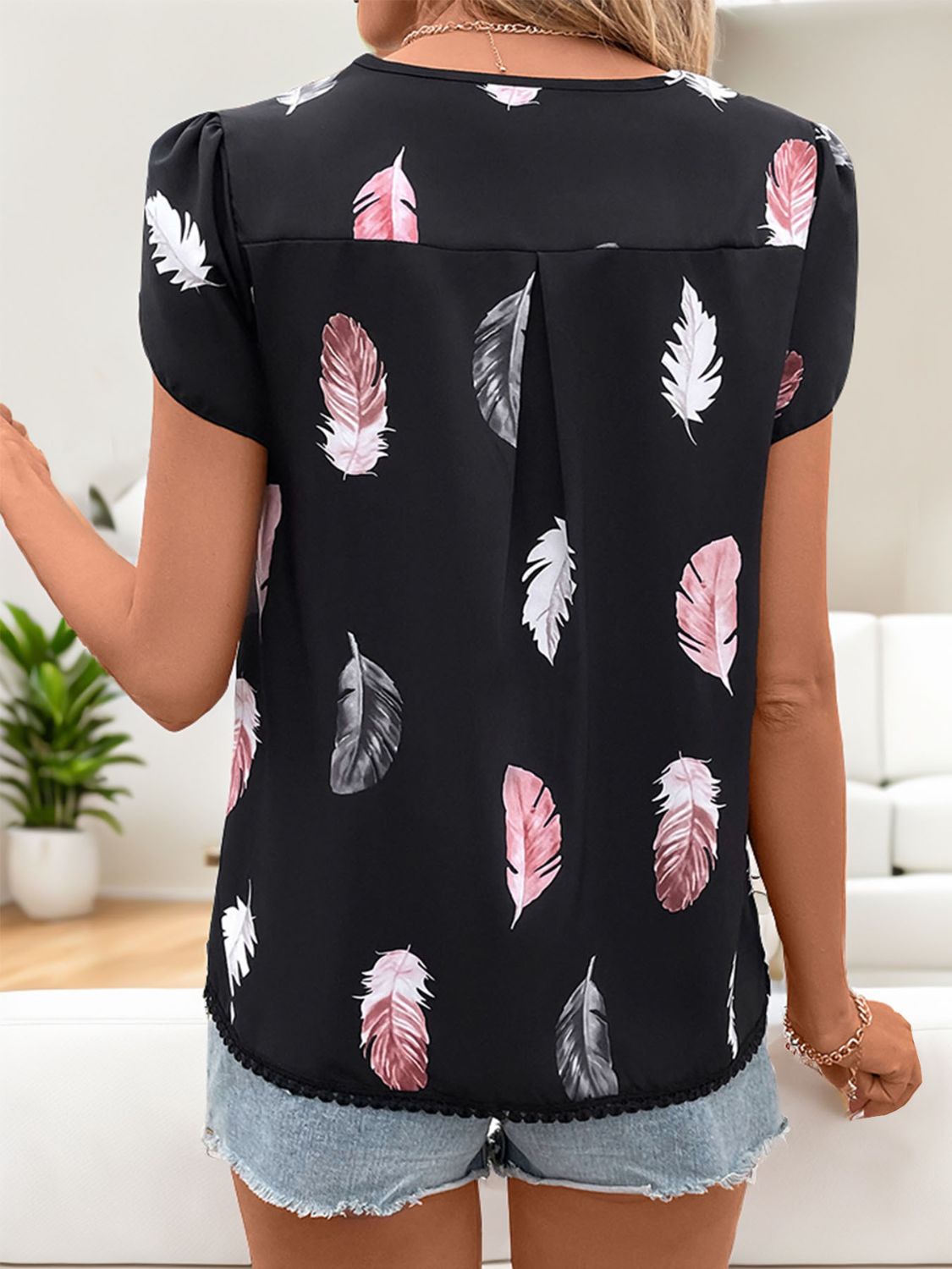 Printed V-Neck Short Sleeve Blouse-Angel Casuals