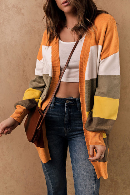 Color Block Lantern Sleeve Open Front Cardigan with Pockets-Angel Casuals