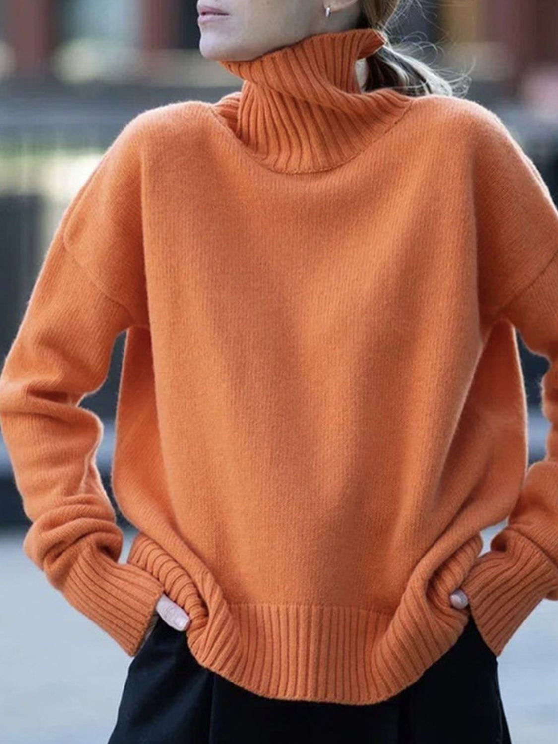 Turtleneck Drop Shoulder Long Sleeve Sweater-Angel Casuals