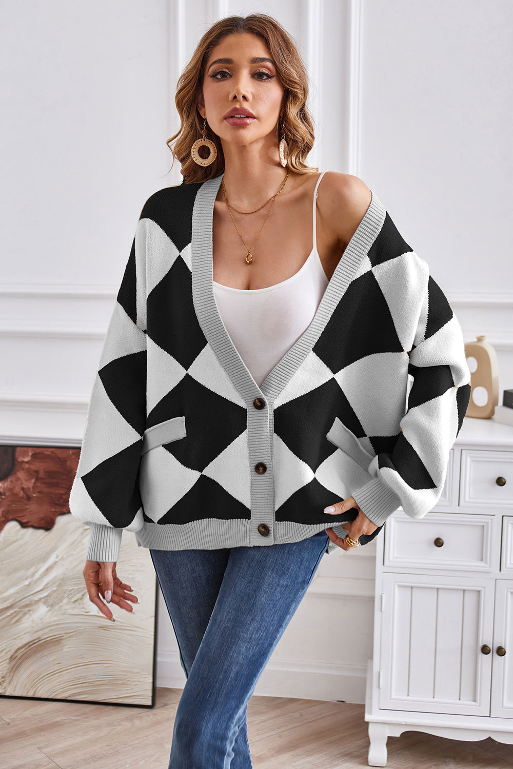 Geometric Lantern Sleeve Cardigan with Pockets-Angel Casuals