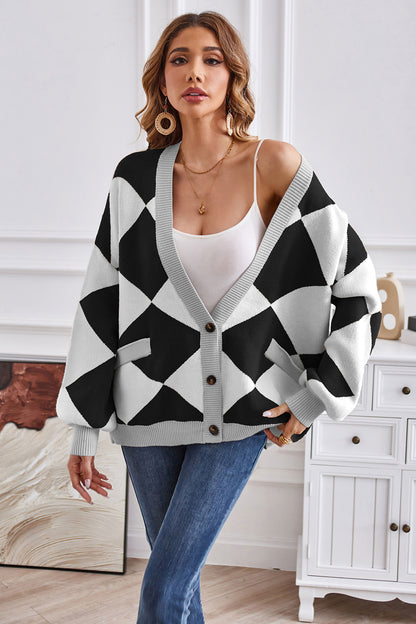 Geometric Lantern Sleeve Cardigan with Pockets-Angel Casuals