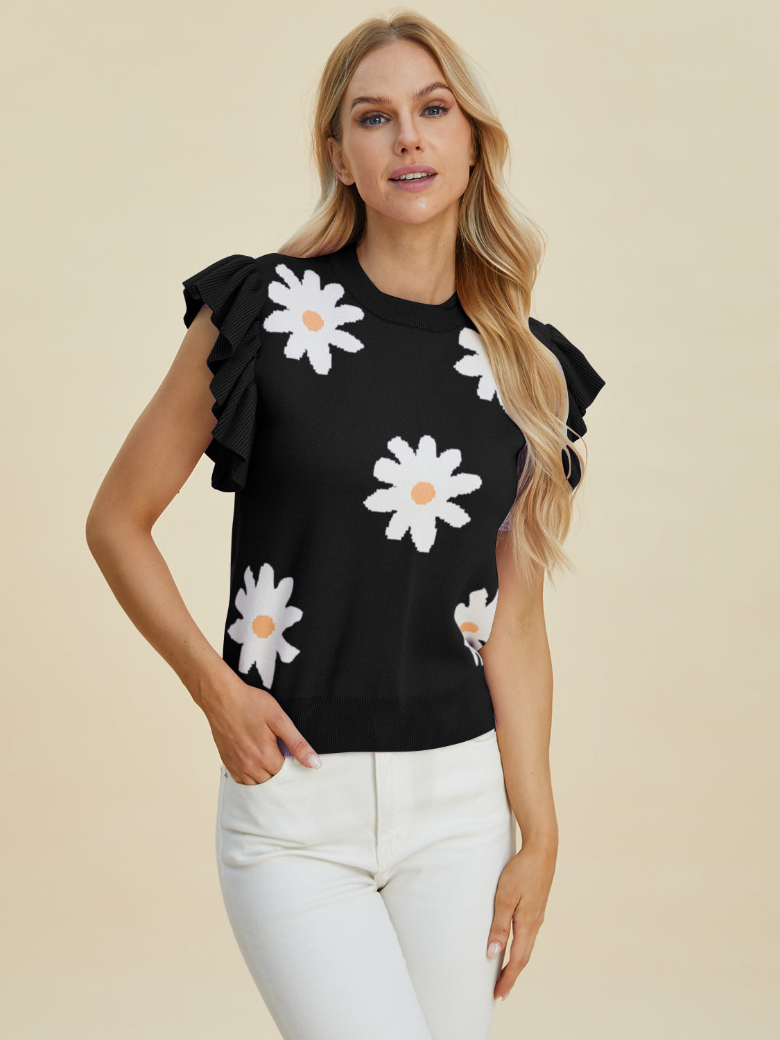 Double Take Full Size Ruffled Flower Round Neck Cap Sleeve Sweater-Angel Casuals