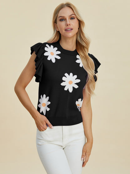 Double Take Full Size Ruffled Flower Round Neck Cap Sleeve Sweater-Angel Casuals