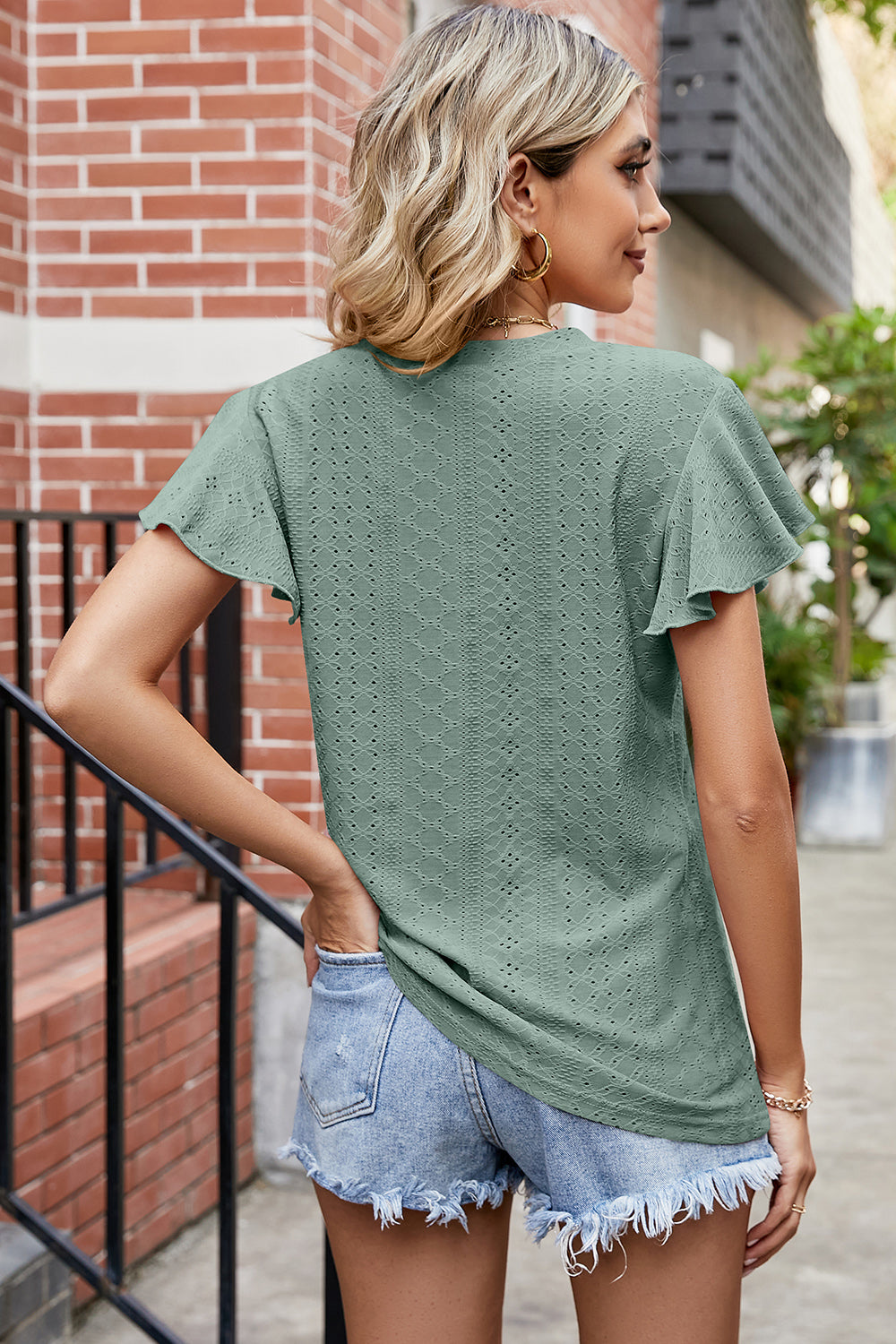 Eyelet V-Neck Flutter Sleeve T-Shirt-Angel Casuals