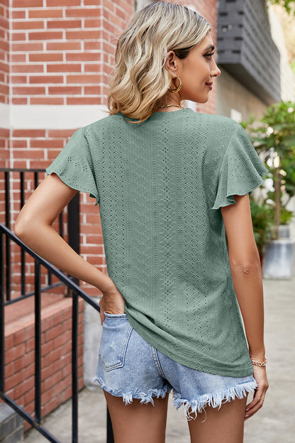 Eyelet V-Neck Flutter Sleeve T-Shirt-Angel Casuals