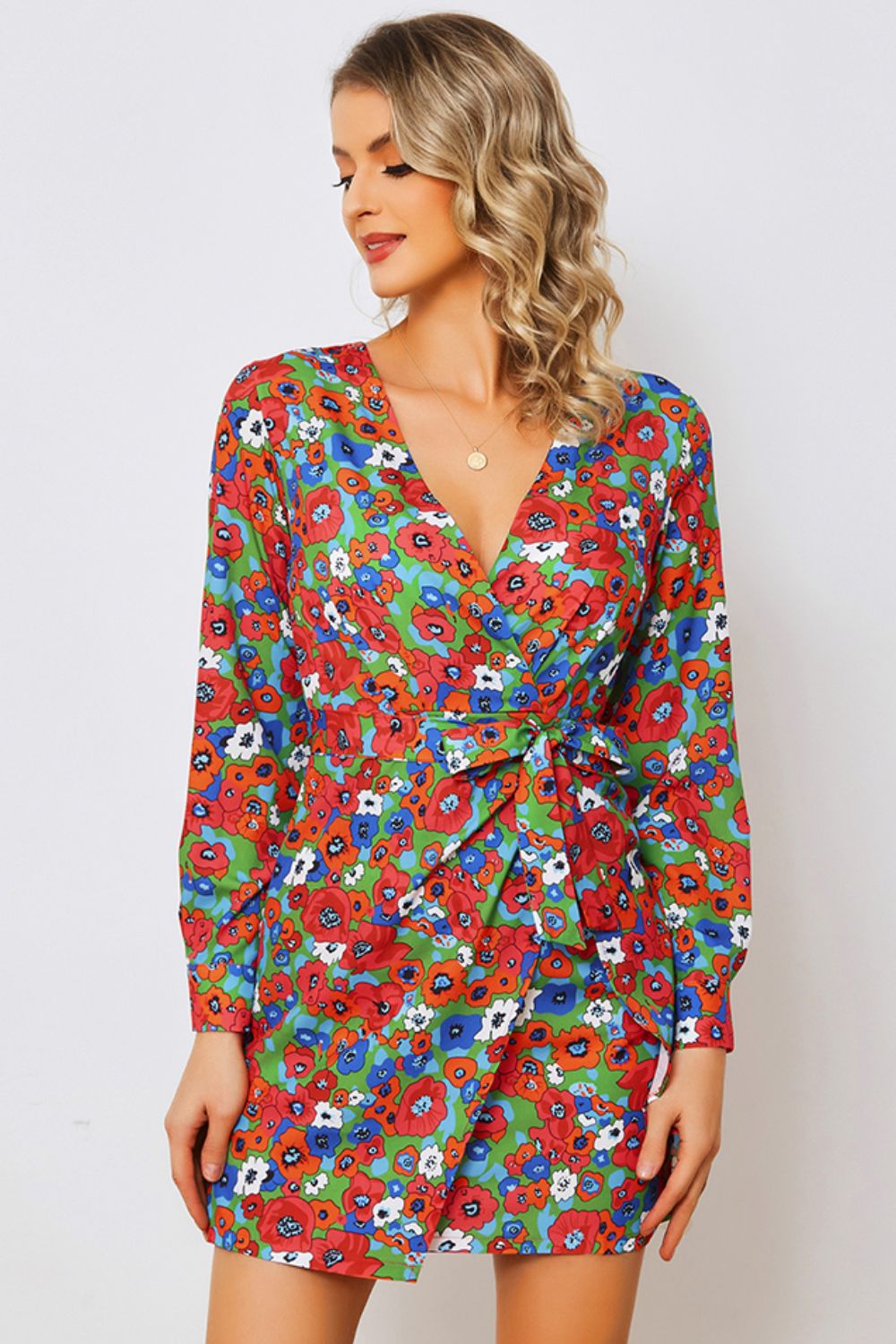 Floral Tied Long Sleeve Plunge Dress-Angel Casuals