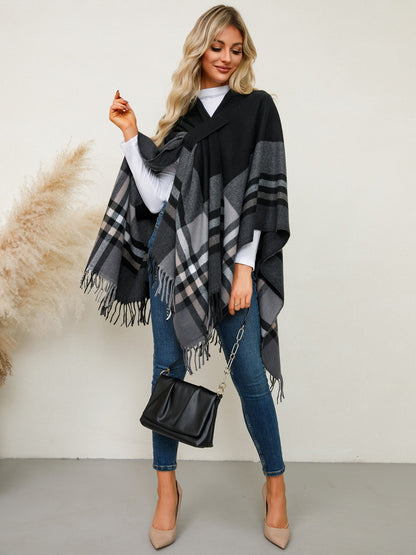 Fringe Contrast Plaid Poncho-Angel Casuals