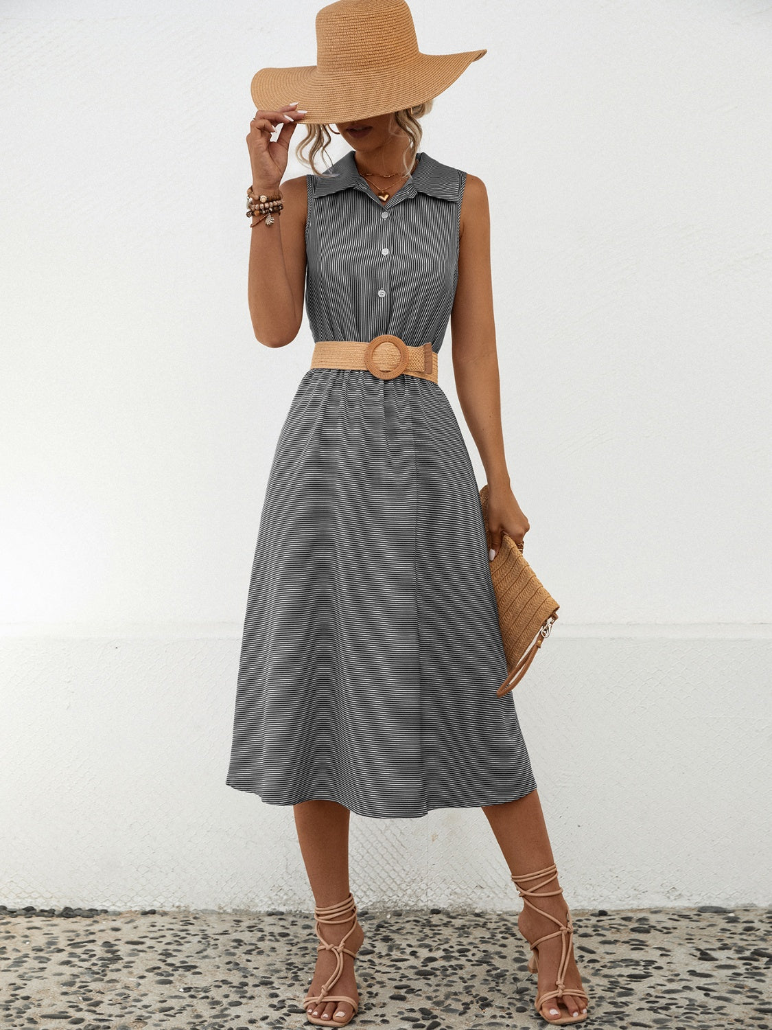 Striped Collared Neck Sleeveless Midi Dress-Angel Casuals