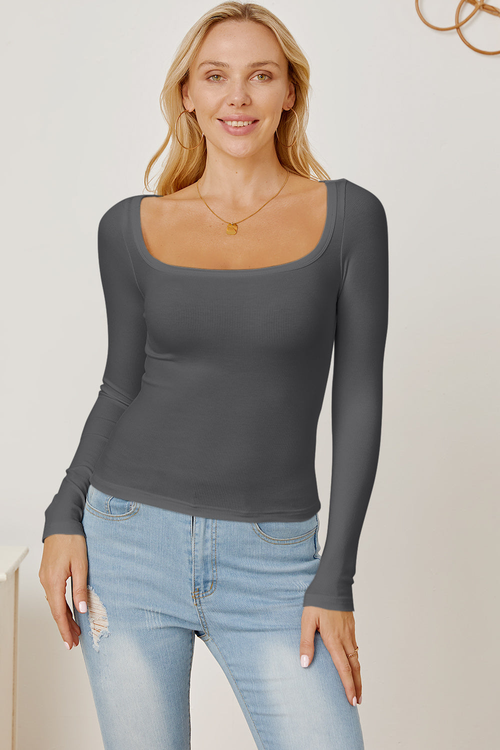 Square Neck Long Sleeve T-Shirt-Angel Casuals