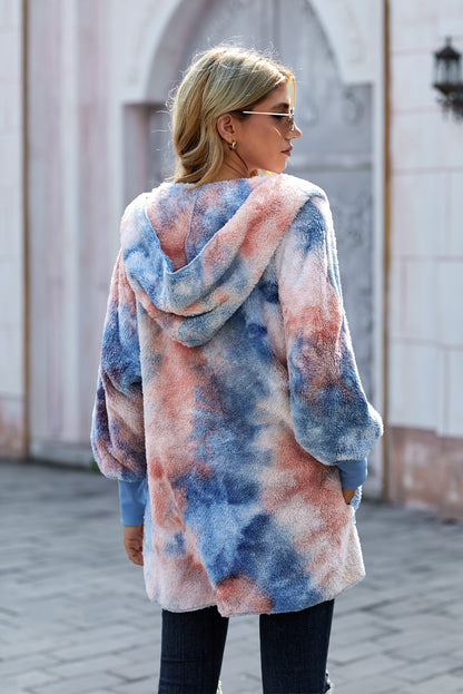 Tie-Dye Plush Hooded Jacket with Pockets-Angel Casuals
