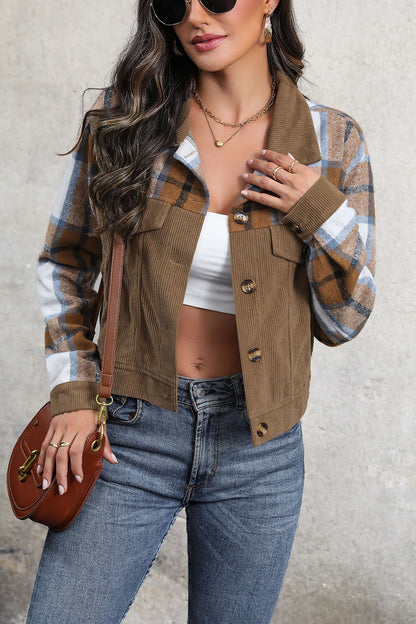 Perfee Plaid Button Up Collared Neck Jacket-Angel Casuals