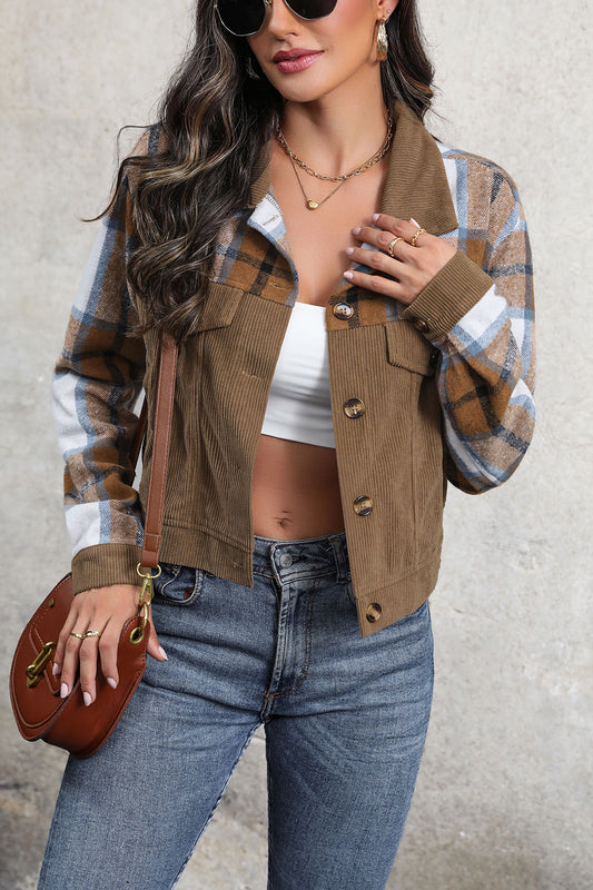 Perfee Plaid Button Up Collared Neck Jacket-Angel Casuals