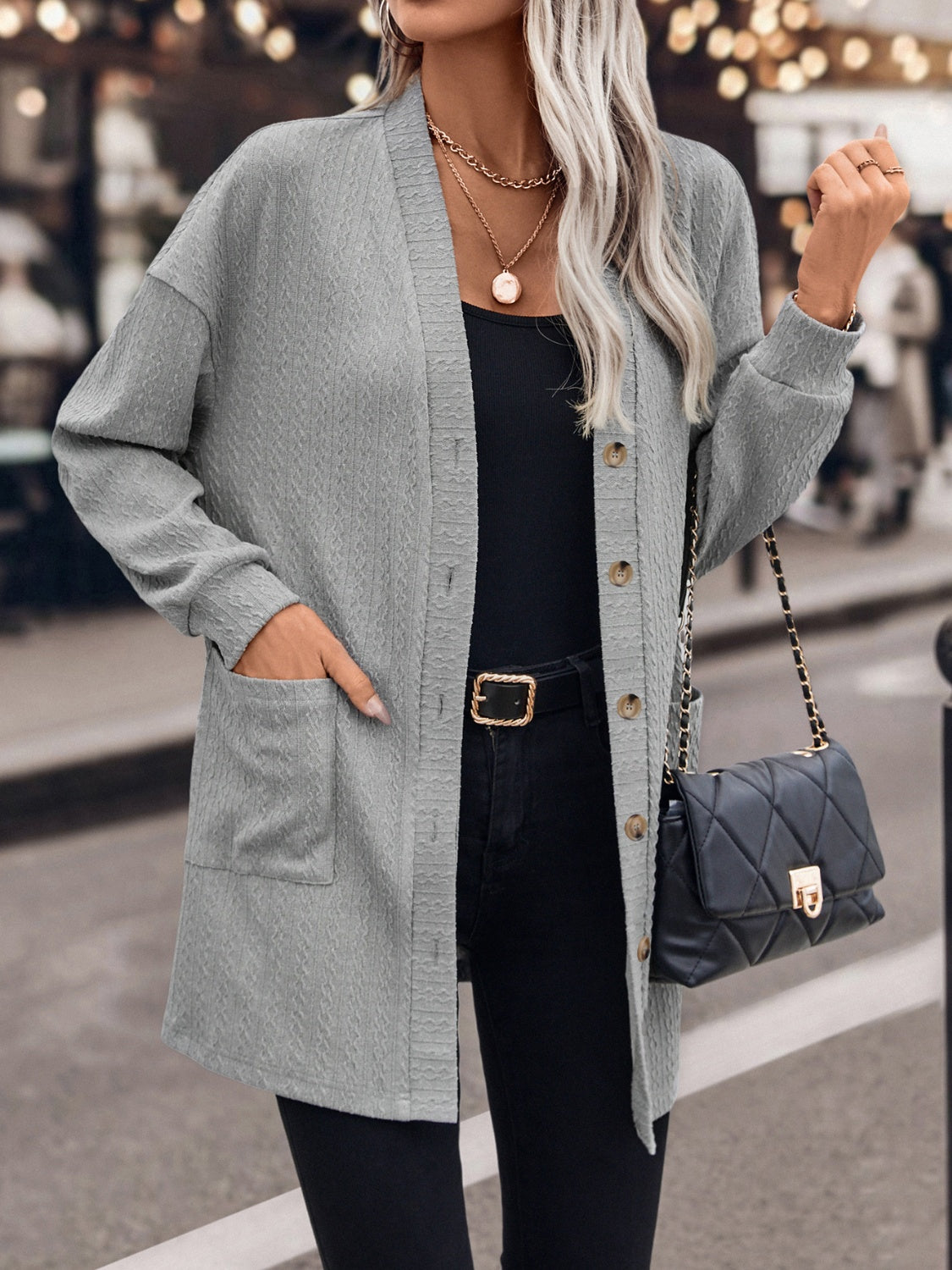 Textured Button Down V-Neck Long Sleeve Cardigan-Angel Casuals
