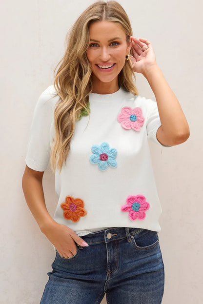 Flower Round Neck Short Sleeve Sweater-Angel Casuals