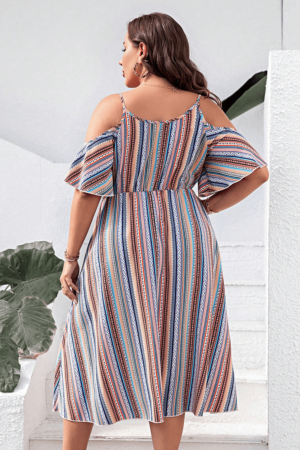 Plus Size Striped Cold-Shoulder Dress-Angel Casuals