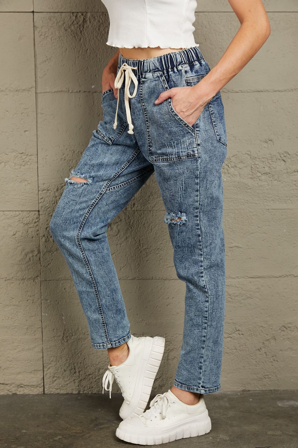 Baeful Drawstring Denim Joggers-Angel Casuals