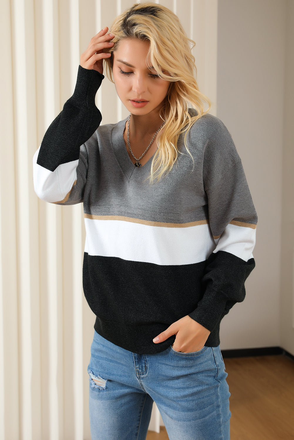 Color Block V Neck Long Sleeve Sweater-Angel Casuals