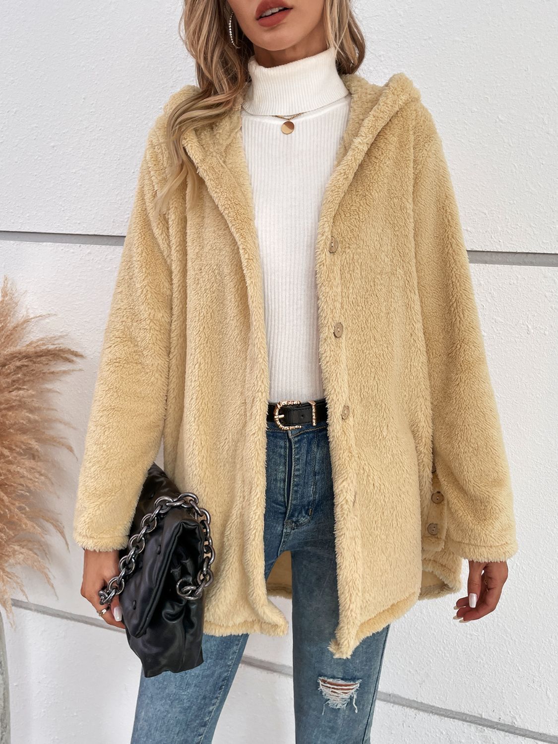 Fuzzy Button Up Hooded Jacket-Angel Casuals