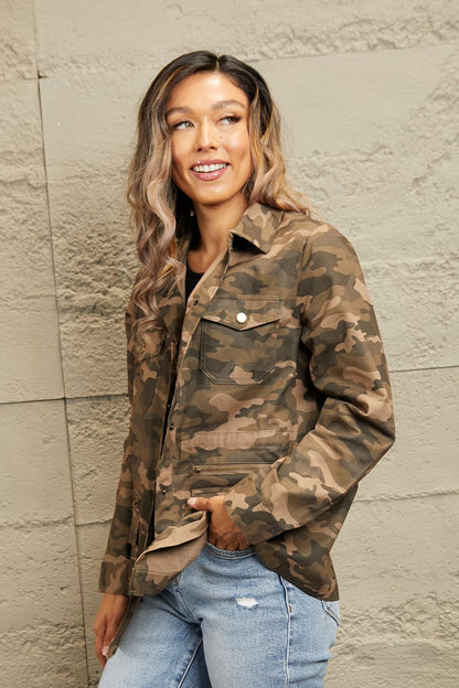 Double Take Camouflage Snap Down Jacket-Angel Casuals