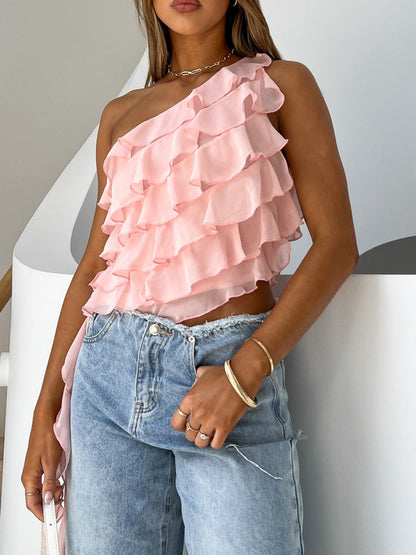 Layered Ruffled One Shoulder Tank-Angel Casuals