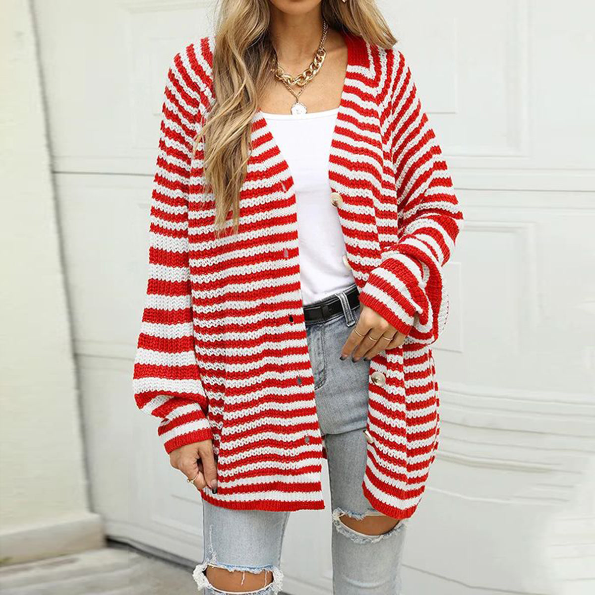 Striped Button Down Long Sleeve Cardigan-Angel Casuals