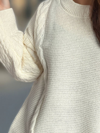 Cable-Knit Round Neck Long Sleeve Sweater-Angel Casuals