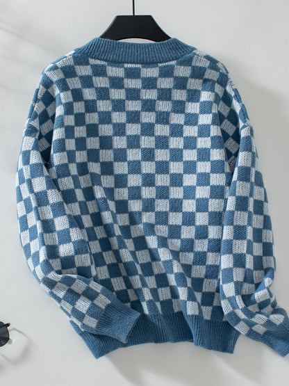 Checkered V-Neck Dropped Shoulder Sweater-Angel Casuals