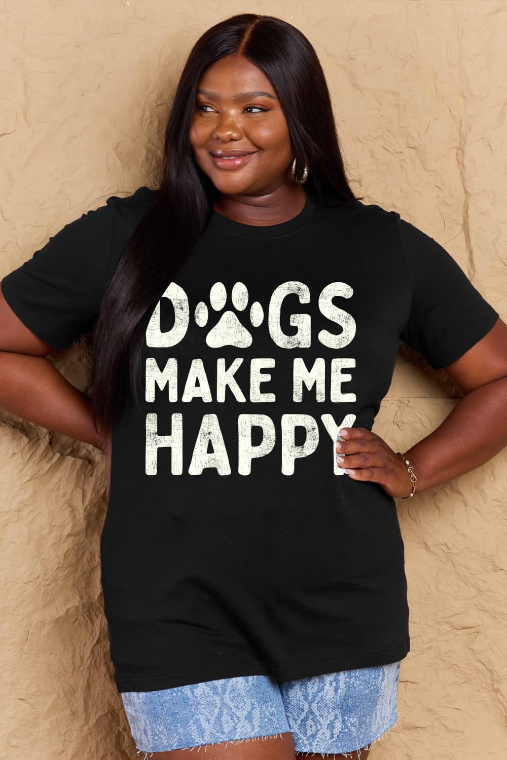 Simply Love Full Size DOGS MAKE ME HAPPY Graphic Cotton T-Shirt-Angel Casuals