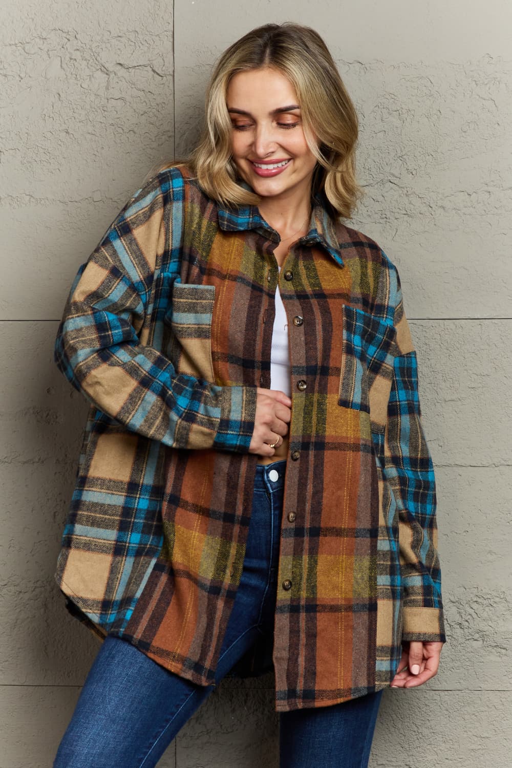 Double Take Plaid Curved Hem Shirt Jacket with Breast Pockets-Angel Casuals