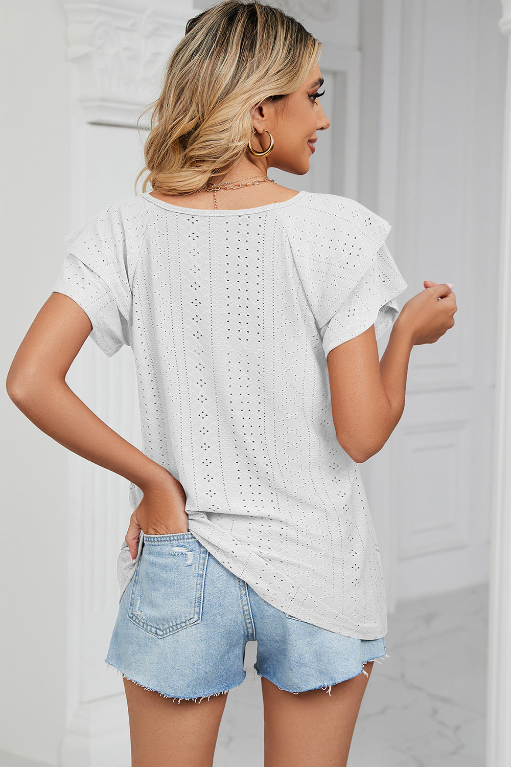 Eyelet V-Neck Short Sleeve T-Shirt-Angel Casuals