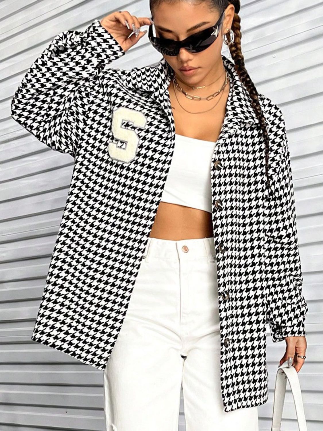 Houndstooth Button Down Long Sleeve Shacket-Angel Casuals