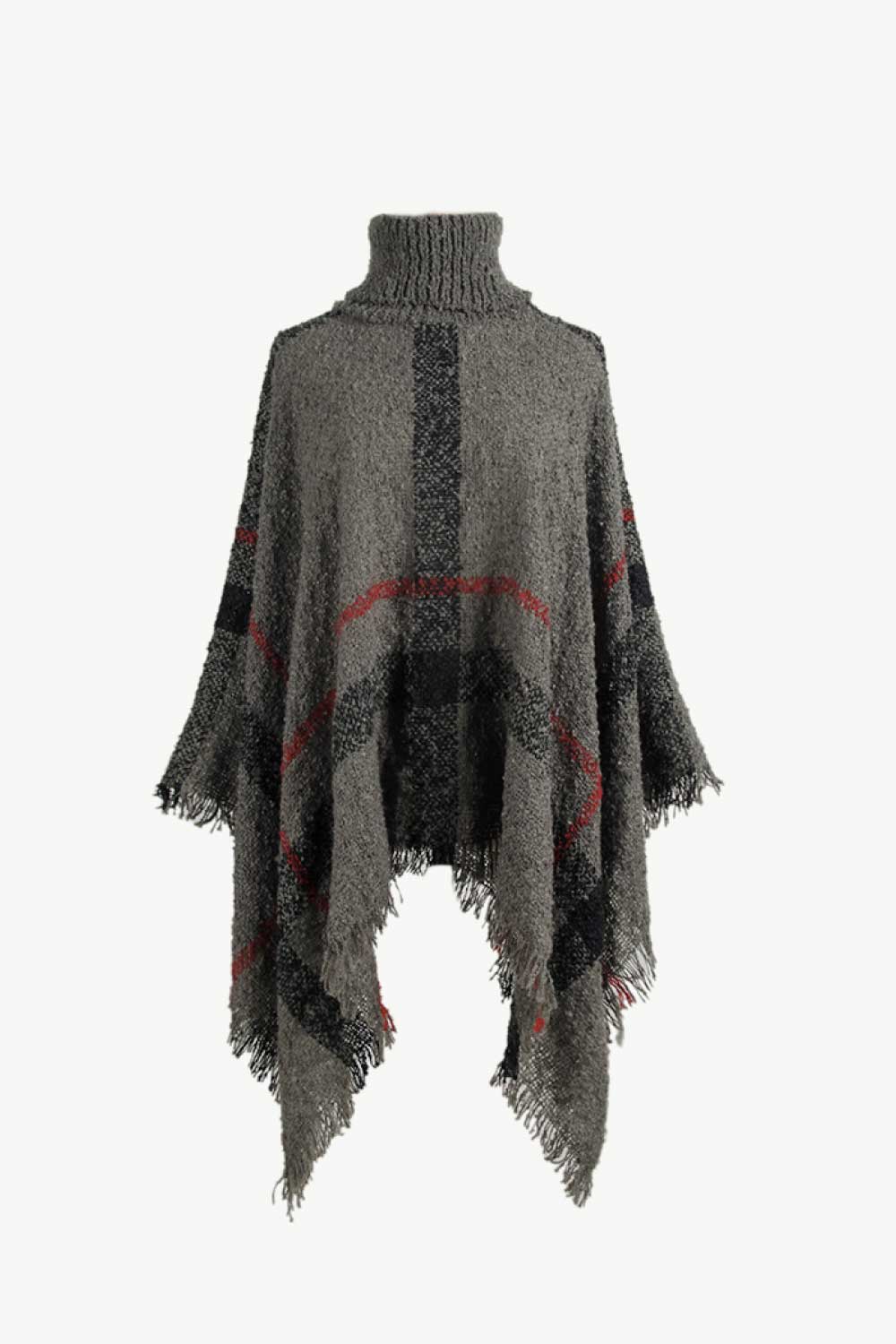 Plaid Turtleneck Raw Hem Poncho-Angel Casuals