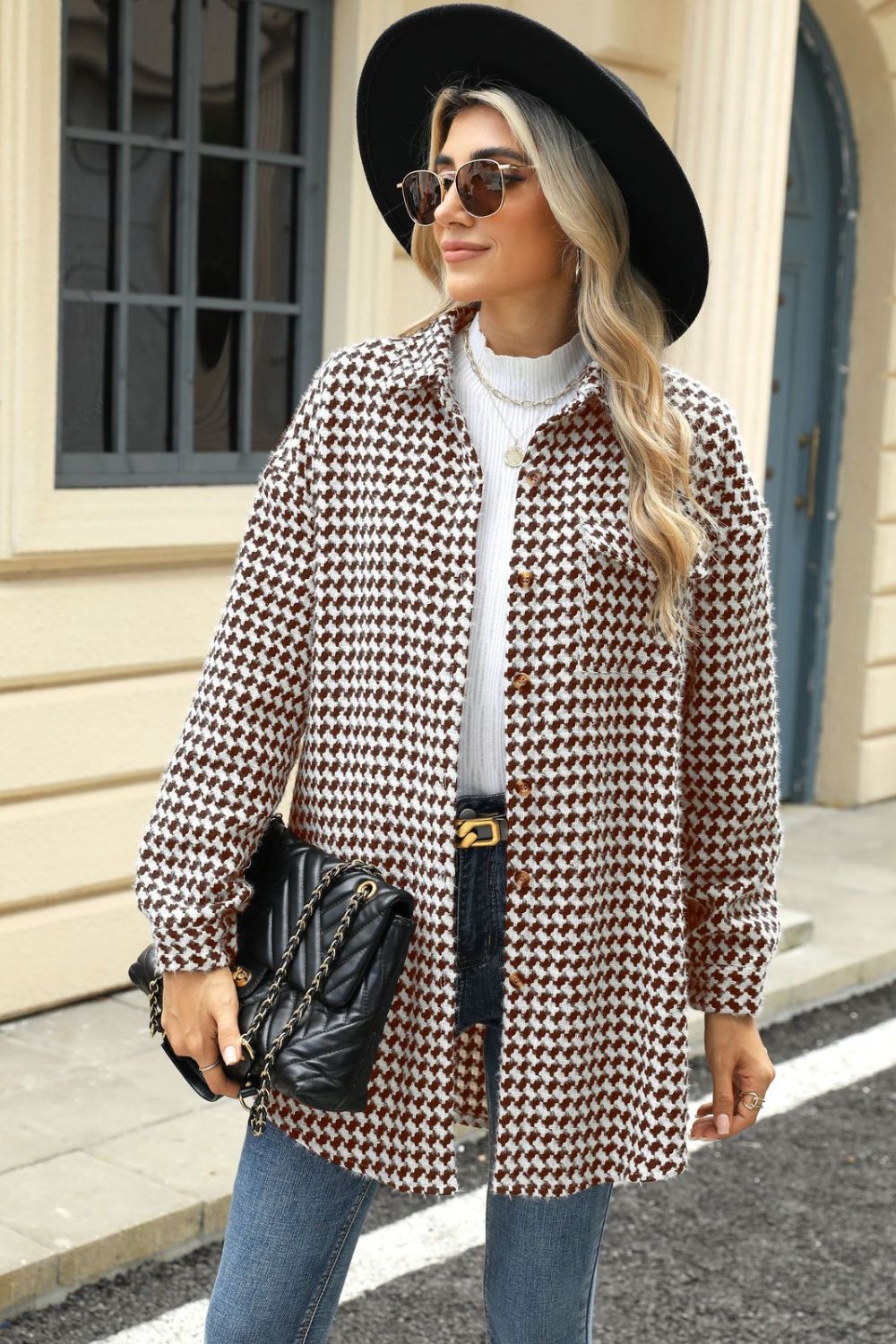 Houndstooth Button Up Dropped Shoulder Coat-Angel Casuals