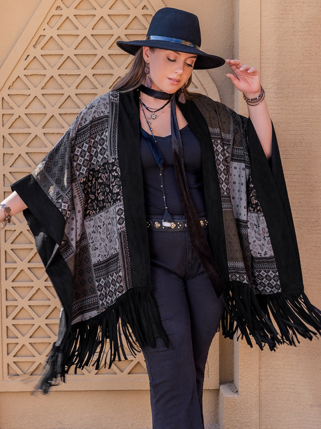 Plus Size Printed Fringe Open Front Outerwear-Angel Casuals