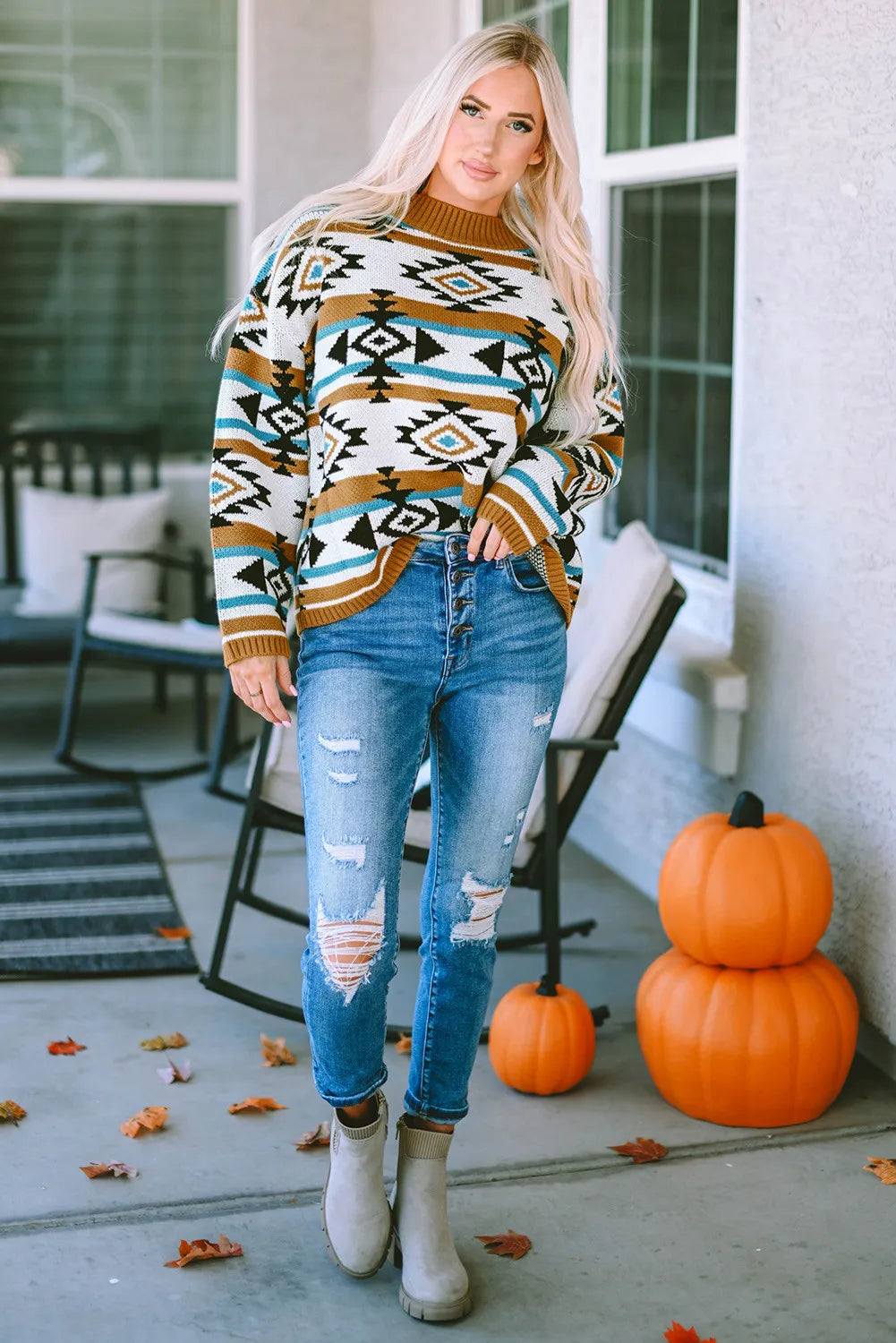 Full Size Geometric Round Neck Long Sleeve Sweater-Angel Casuals