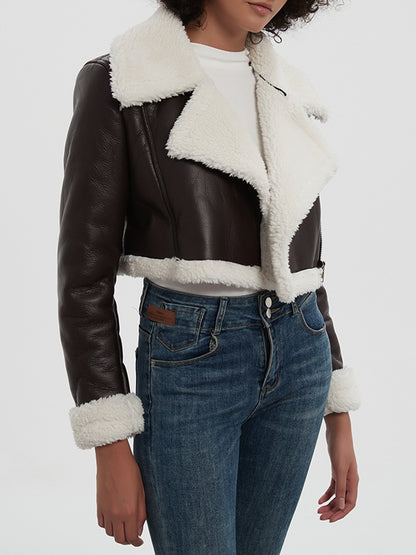 Collared Neck Long Sleeve Plush Cropped Jacket-Angel Casuals